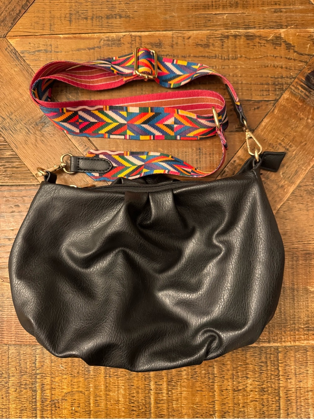 Black Leather Like Shoulder Bag/Cross Body with Colorful Adjustable Strap